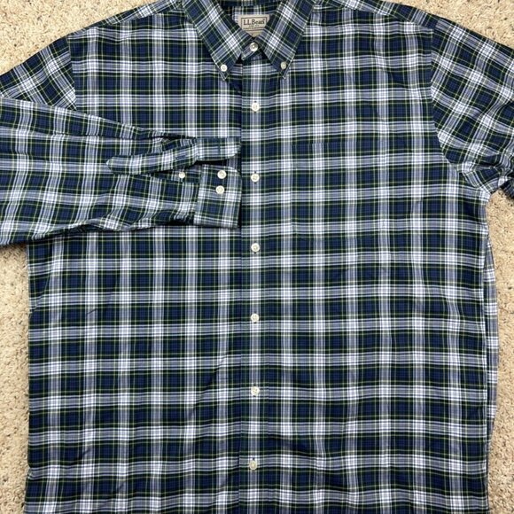 LL Bean Mens Wrinkle Free Blue Plaid long sleeve Button Up Shirt large 500539 - Picture 1 of 7